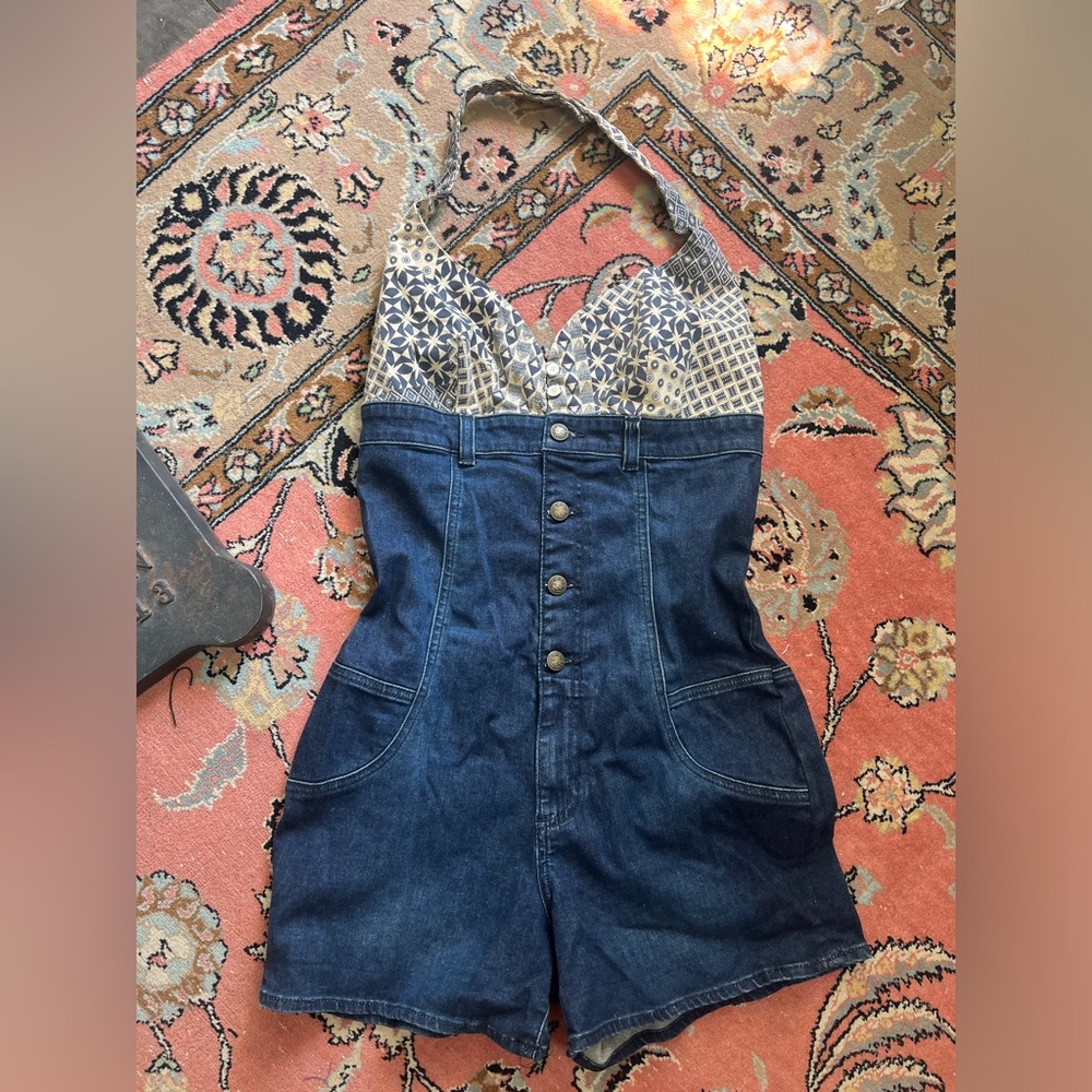 vintage y2k Guess Halter denim romper button up patchwork open back shorts pinup